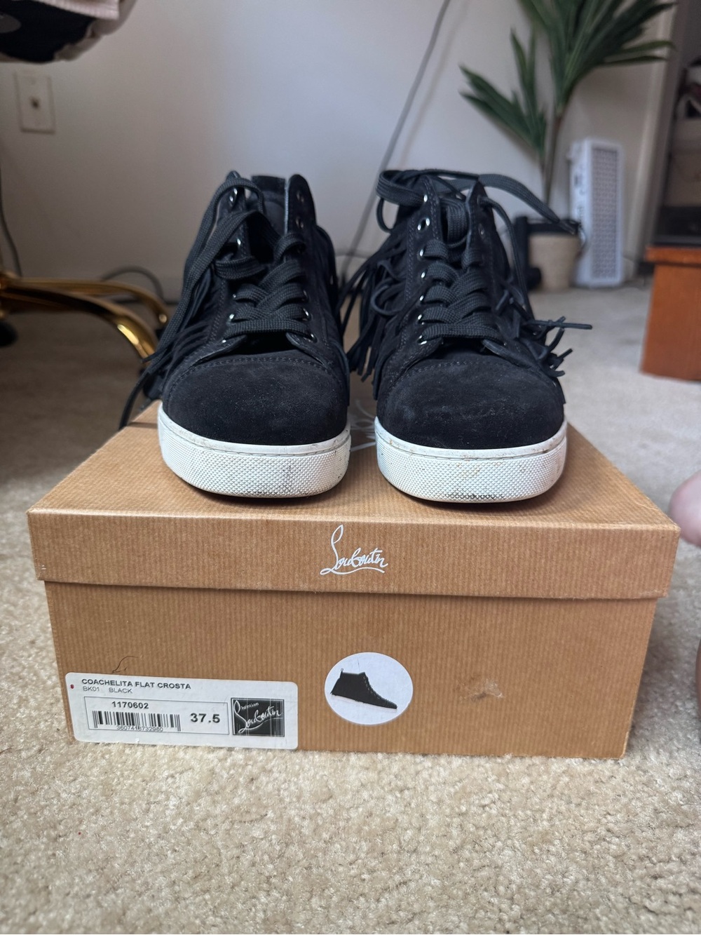 Christian Louboutin Coachelita Black Suede Fringe High Top Sneakers 37.5